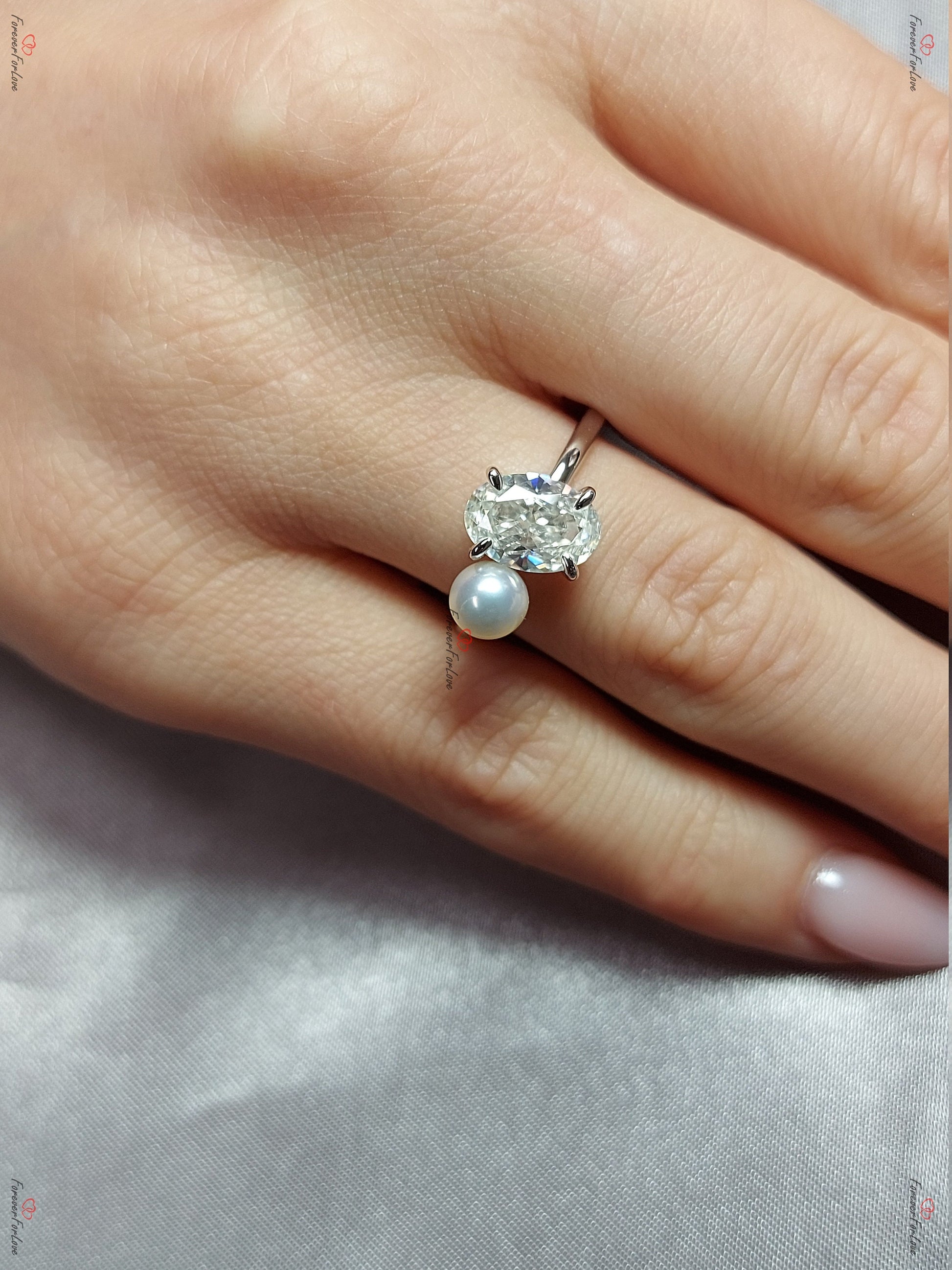 2.5 Ct Oval Diamond, Moissanite, Pearl Engagement Ring