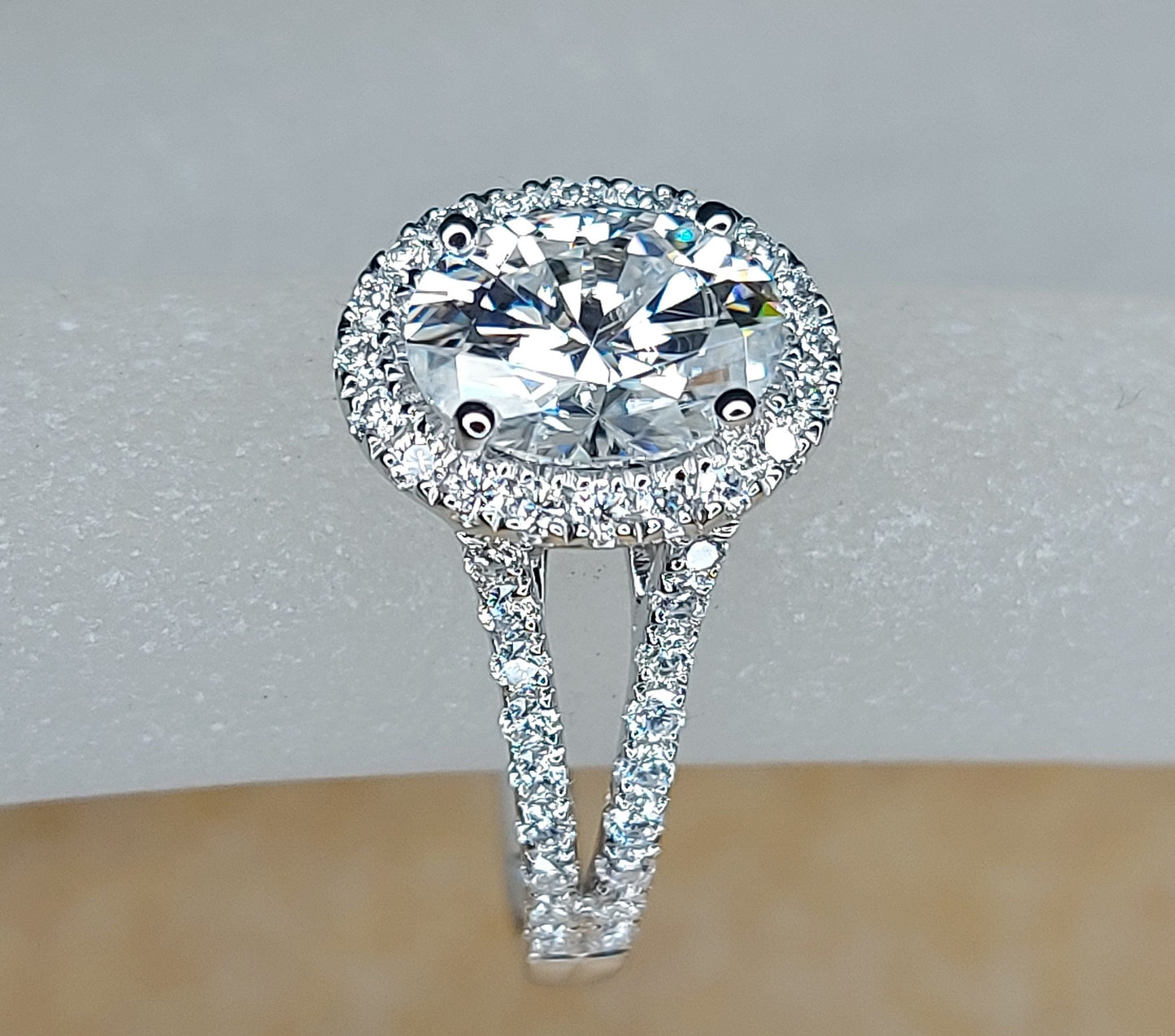 1.5 Ct Oval Moissanite Halo with Micro-Pavé Engagement Ring Oval cut 1Ct Moissanite Brilliant Cut engagement ring in 935 Argentium Silver — custom handcrafted by Forever For Love