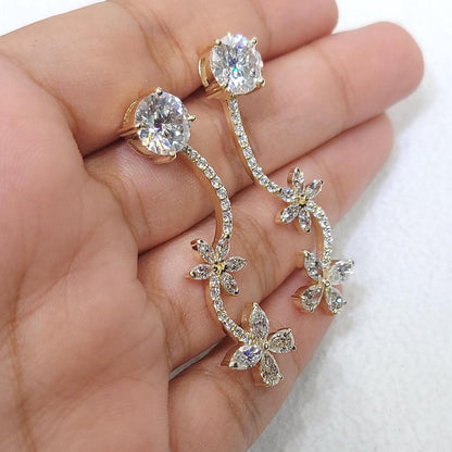2,5 Karat Gesamt E/VVS2 Blumenranken Diamant Ohrhänger, runder, Marquise- & tropfenförmiger Labor-Diamant, Massivgold, Hängeohrringe, perfektes Geschenk