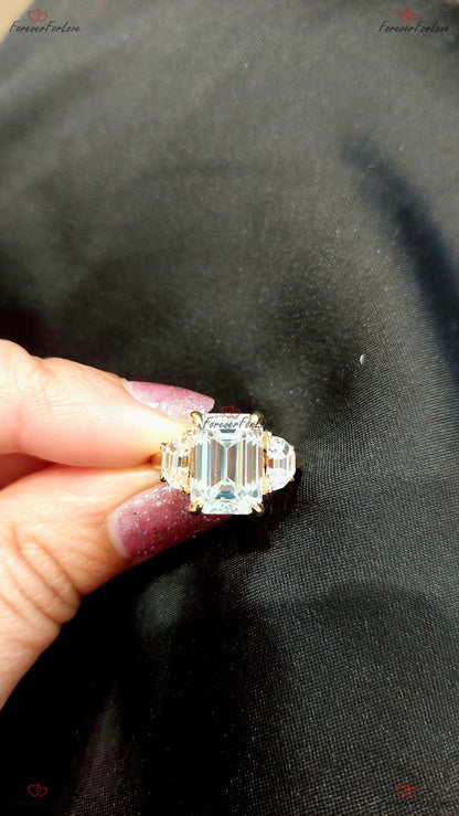 5 Ct Emerald Moissanite, Moonstone Three Stone Engagement Ring