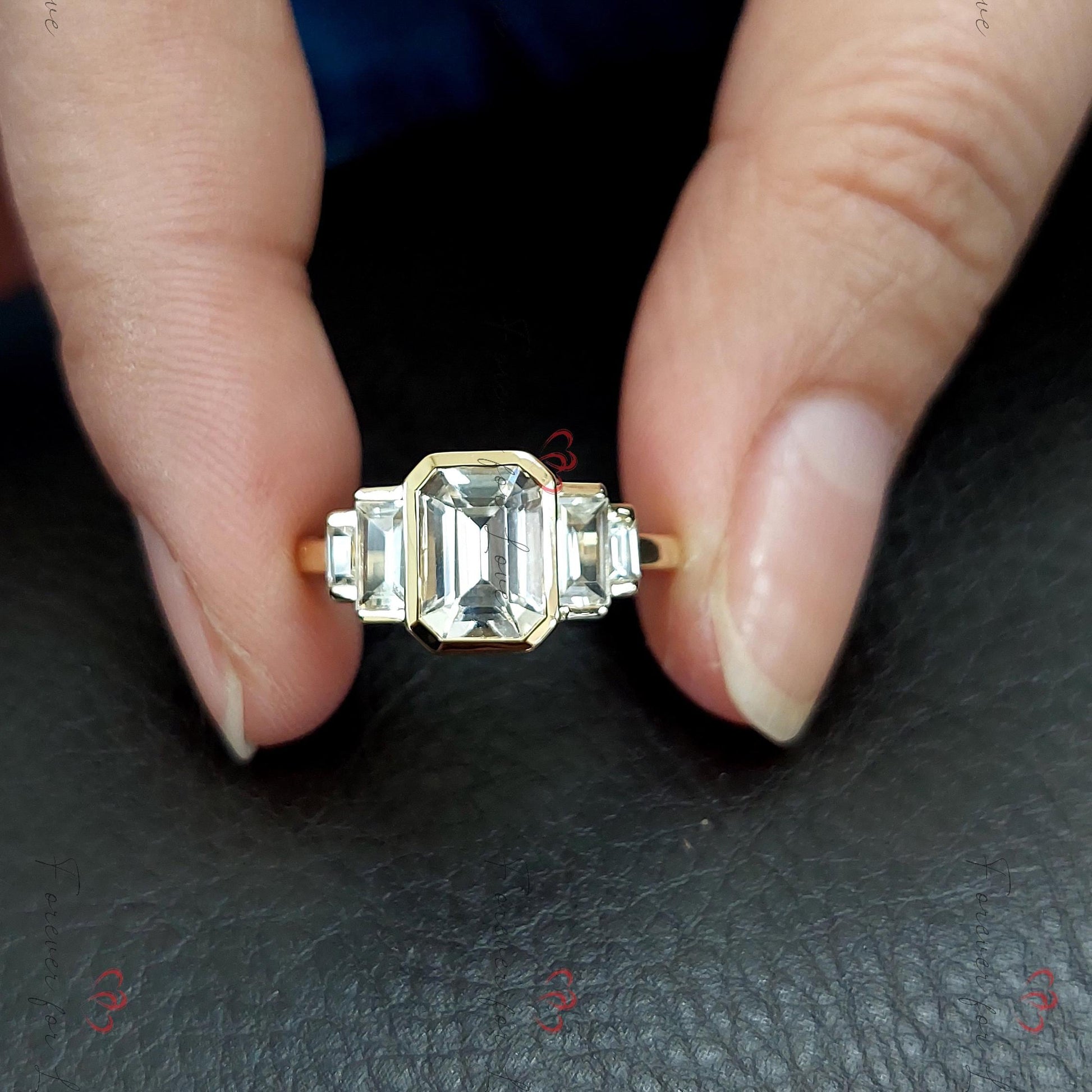 Baguette Natural Diamond, Sapphire Three Stone Engagement Ring