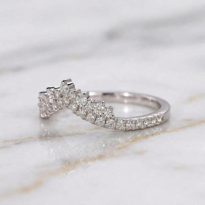 Round Diamond Tiara Wedding Band for Engagement Ring, V Shaped Chevron Band, Half Eternity Band, Lab Grown Diamond Matching Stackable Band