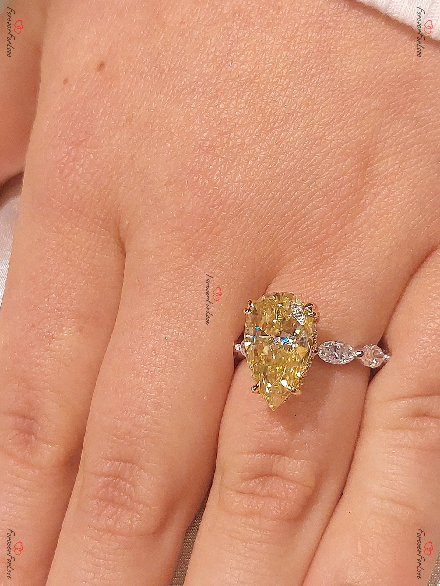 6 Ct Pear Moissanite with Eternity Band Engagement Ring Pear cut Moissanite Brilliant Cut engagement ring in 935 Argentium Silver — custom handcrafted by Forever For Love
