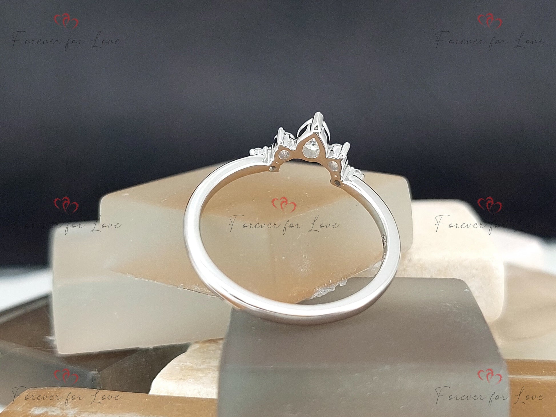 Curved wedding band, women vintage Moissanite Pear cut Diamond wedding band, Solid 14K yellow gold Bridal Stacking Anniversary ring.