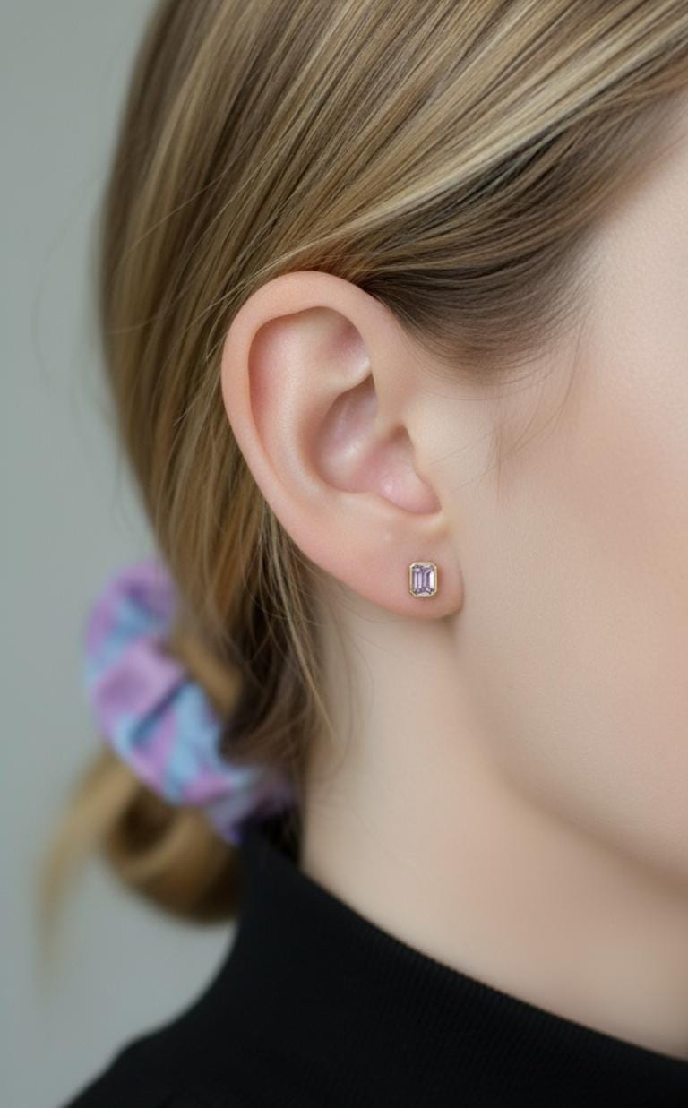 14k Natural Pink Sapphire Emerald Cut Stud Earrings, 0.5ct Bezel Setting, Stud Earring, Perfect Gift for Her. Moissanite engagement ring in Gold or Platinum — custom handcrafted by Forever For Love