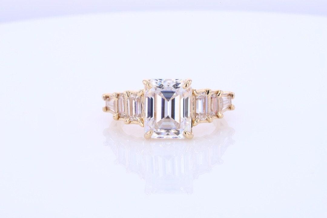 Emerald Moissanite, Emerald Halo Engagement Ring Emerald cut 1Ct Moissanite Brilliant Cut engagement ring in 935 Argentium Silver — custom handcrafted by Forever For Love