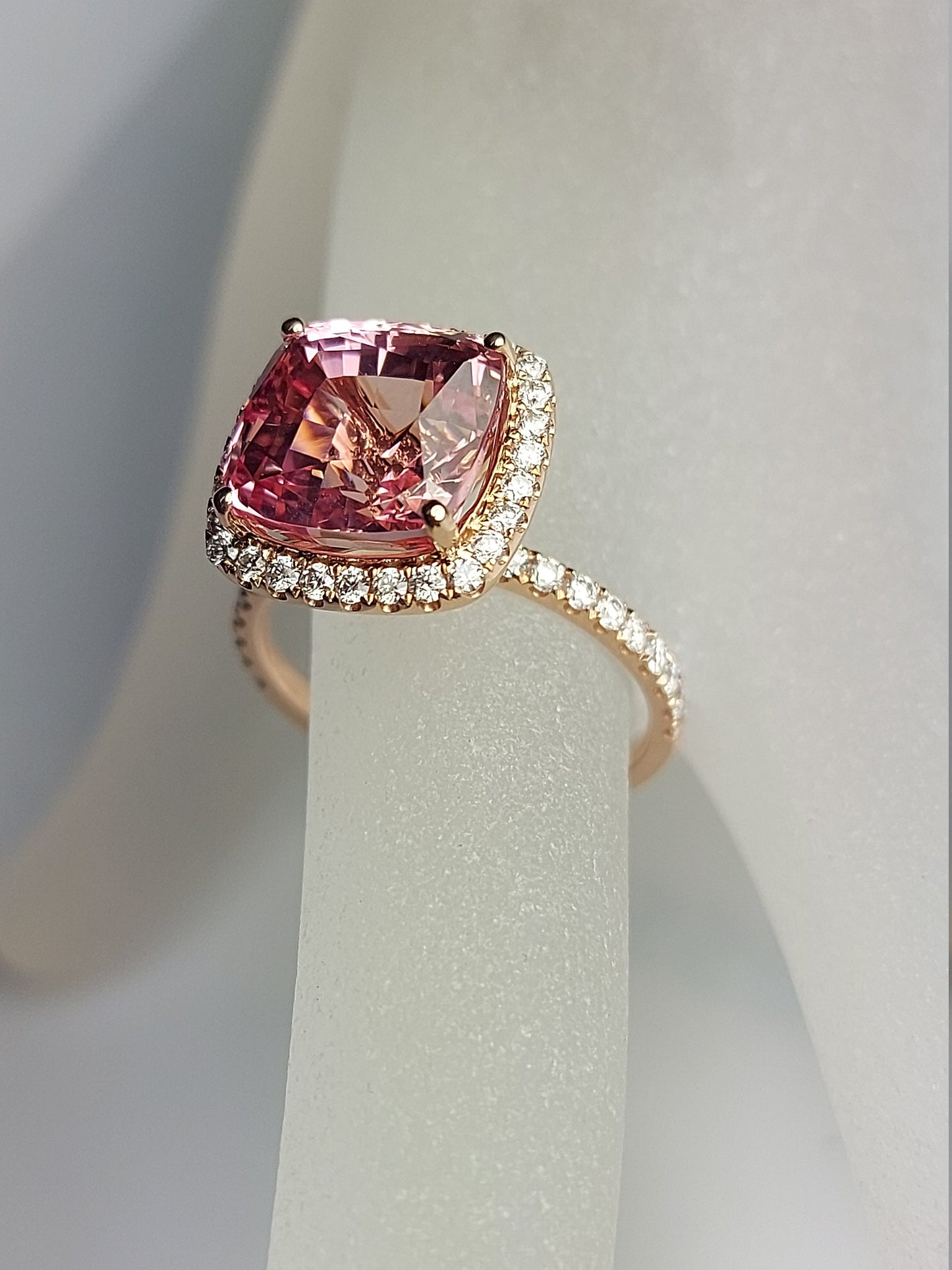 Verlobungsring mit rosa Saphir und Halo Round cut Moissanite engagement ring in 935 Argentium Silber — custom handcrafted by Forever For Love
