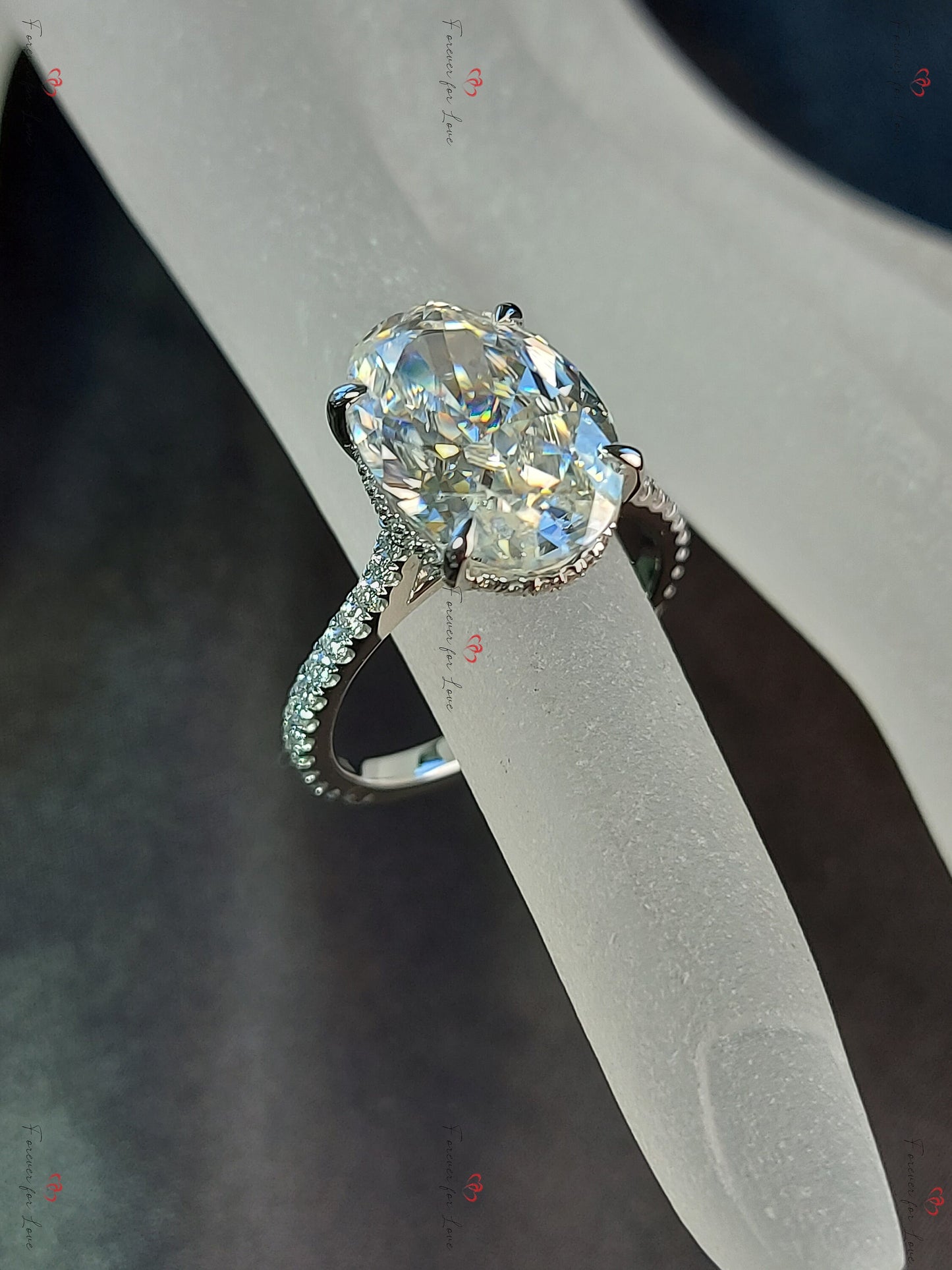 Bague de fiançailles ovale 6 carats Halo caché avec pavé Oval cut 1Ct Moissanite taille brillant engagement ring in Gold or Platinum — custom handcrafted by Forever For Love