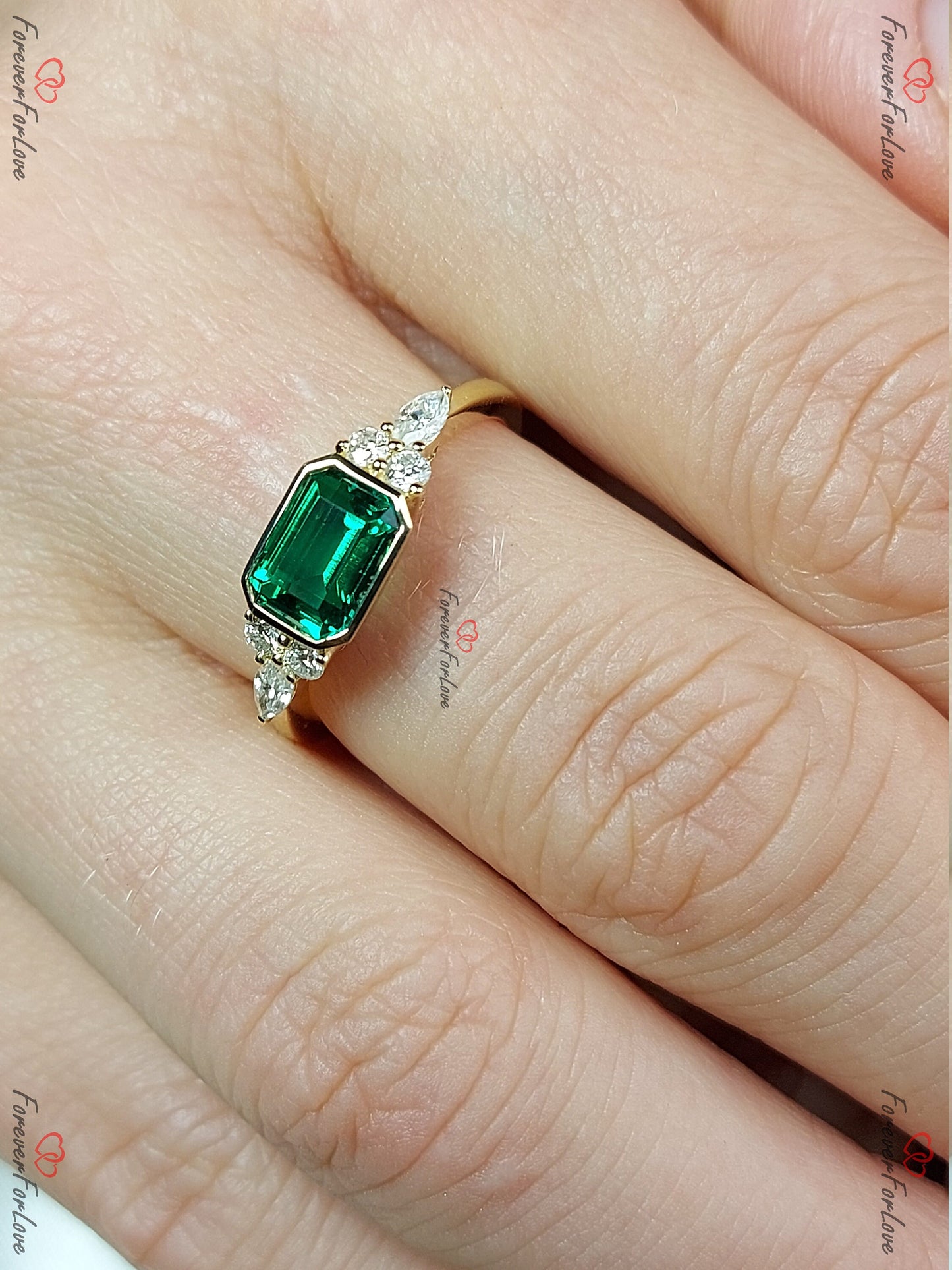 Baguette Diamond, Emerald Stacking Ring Baguette cut 1Ct Natural Emerald engagement ring in 935 Argentium Silver — custom handcrafted by Forever For Love