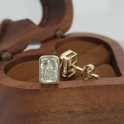 4 Carat Radiant Cut Bezel Setting Lab Grown Diamond Stud Earrings: 14K Yellow Gold, Perfect Gift for Her.