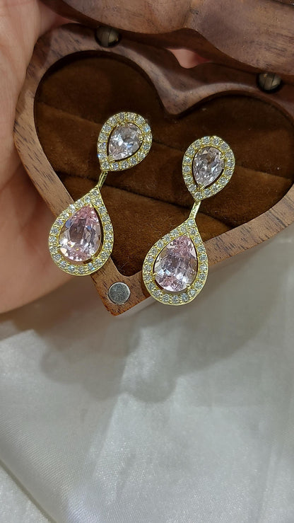 Dangling Pink Pear Sapphire Earrings, Pink Earrings, Pear Halo sapphire  Earrings, Statement Earrings, Gold Earrings ,Minimalist earrings.