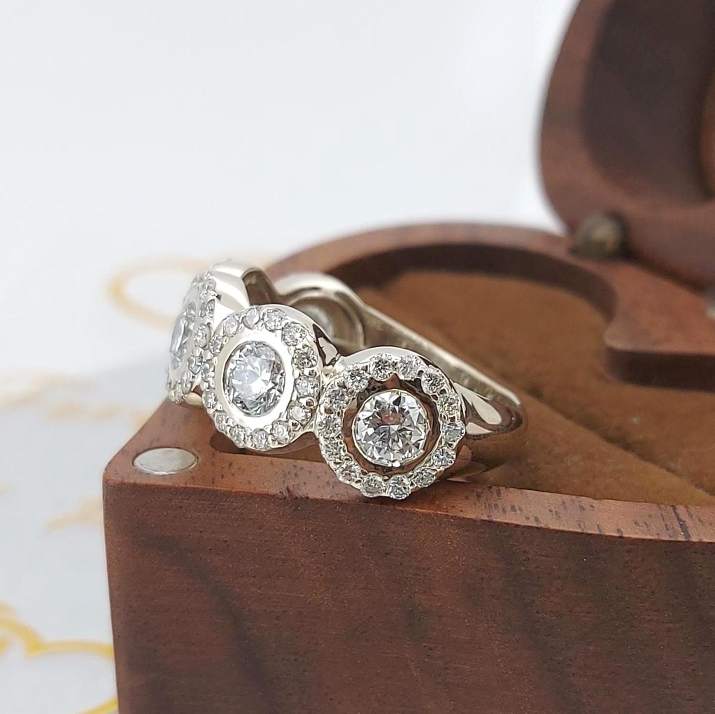 Bague demi-éternité en diamants ronds de laboratoire Round cut Moissanite taille brillant engagement ring in Gold or Platinum — custom handcrafted by Forever For Love