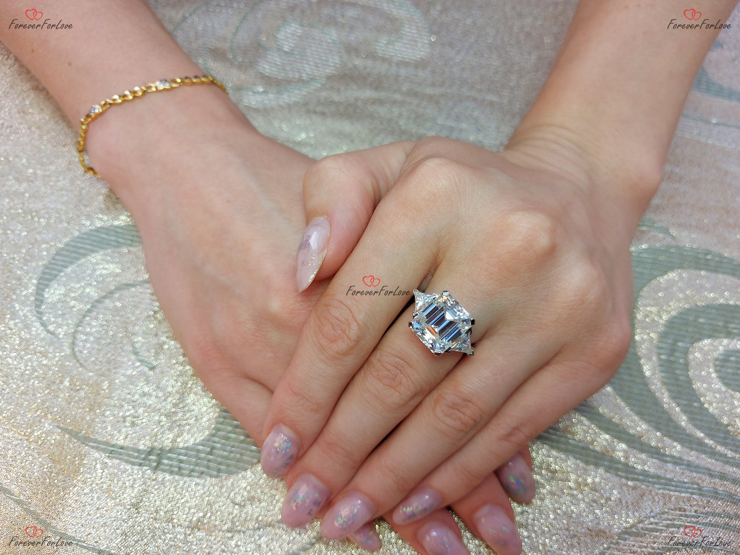 5 Ct Emerald Moissanite with Trillion Accents Three Stone Ring Emerald cut Moissanite engagement ring in Gold or Platinum — custom handcrafted by Forever For Love