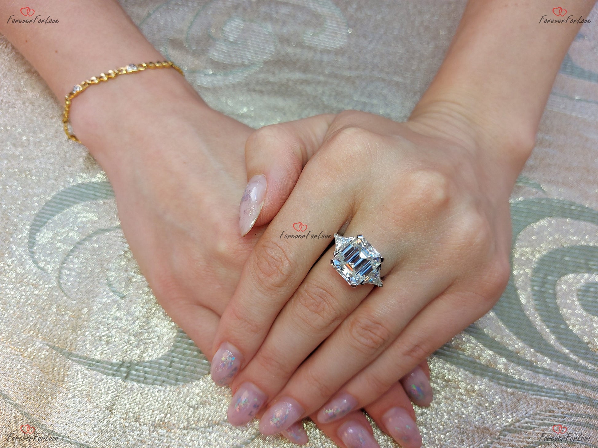 Emerald Moissanite Three Stone Engagement Ring
