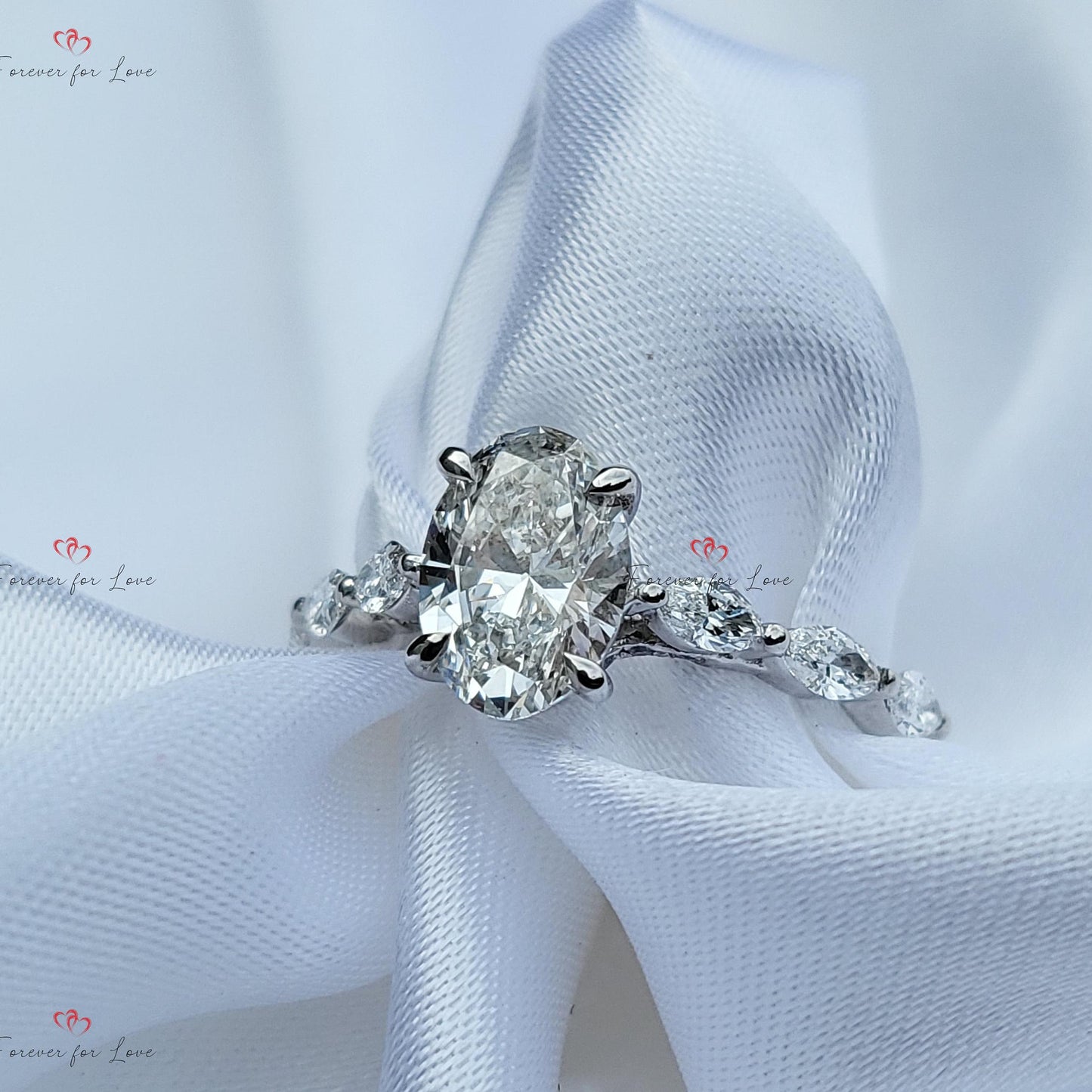 1 Ct IGI Certified Oval Diamond Solitaire with Marquise Accents Oval cut 1Ct Moissanite Brilliant Cut engagement ring in 935 Argentium Silver — custom handcrafted by Forever For Love
