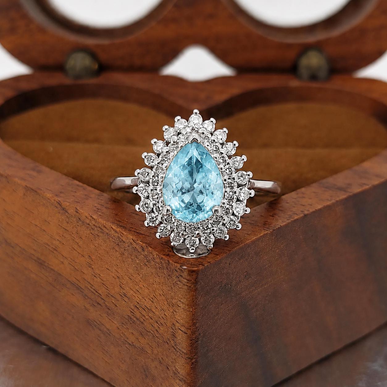 1.5 Ct Double Halo Pear Shape Cut Aquamarine Engagement Ring, Certified Pear cut, Natural Diamond ring, Aquamarine ring, Perfect gift