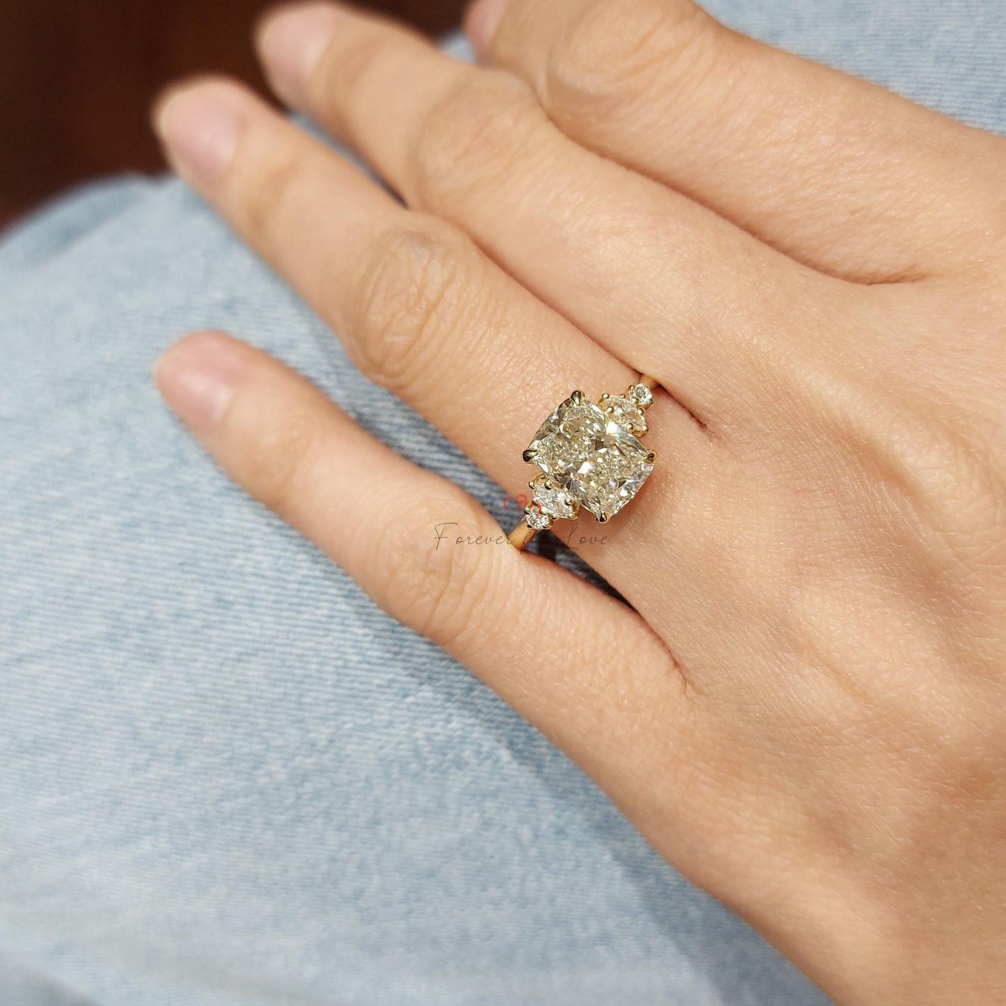2 Ct IGI Certified Cushion Lab Diamond Three Stone Engagement Ring Cushion cut Moissanite engagement ring in Gold or Platinum — custom handcrafted by Forever For Love