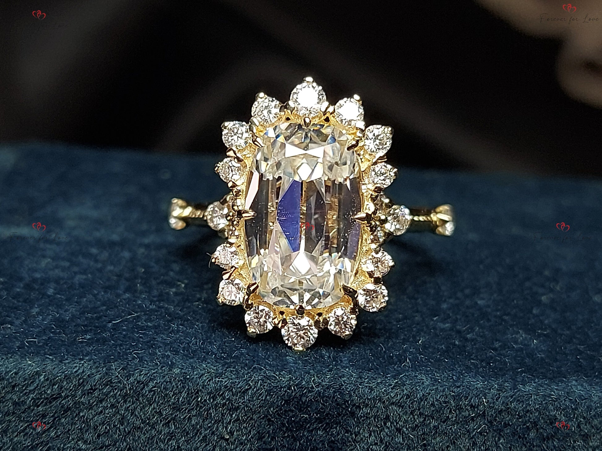 Vintage Cushion Cut Moissanite Engagement Ring, Halo Engagement Ring, Old Mine Cut Solitaire Solid Gold Solitaire Proposal Anniversary Ring.