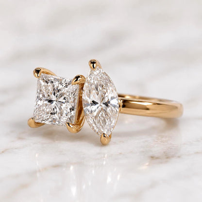 14k Yellow Gold Toi Et Moi Ring Lab Grown Diamond Engagement Ring Princess and Marquise cut Diamond Ring Unique Anniversary Gift for Wife