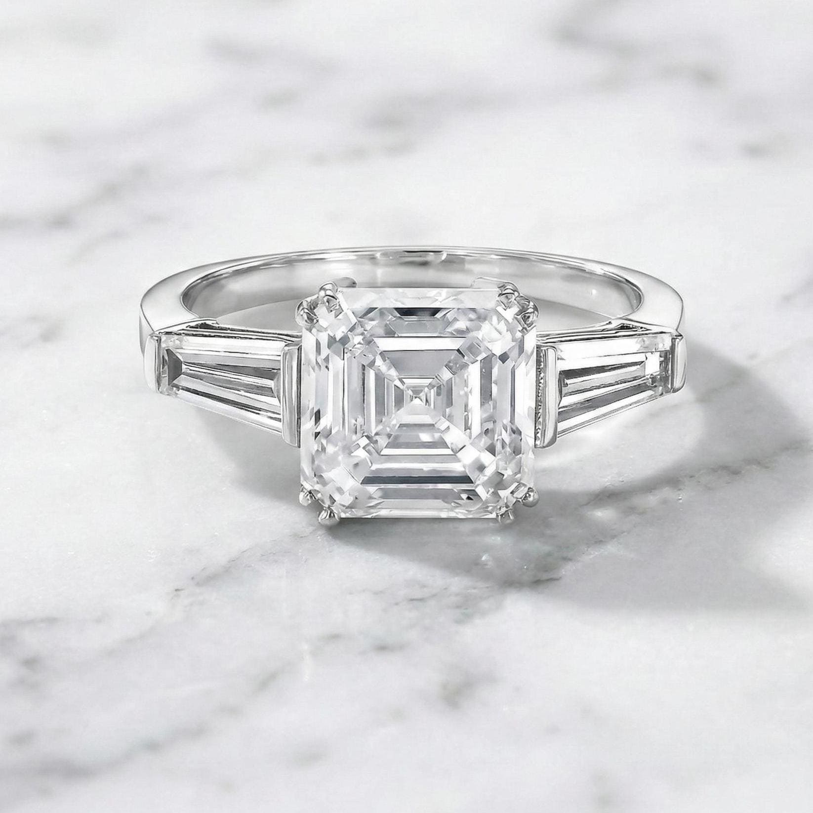3.5 carat D color VVS2 Clarity IGI CERTIFIED Asscher Cut Three Stone Lab Grown Diamond Engagement Ring, Side Baguettes 14k White Gold