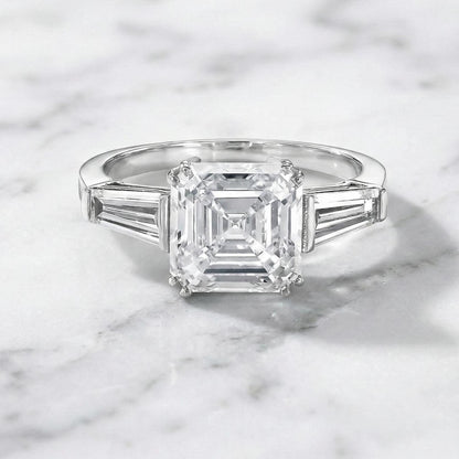 3.5 carat D color VVS2 Clarity IGI CERTIFIED Asscher Cut Three Stone Lab Grown Diamond Engagement Ring, Side Baguettes 14k White Gold