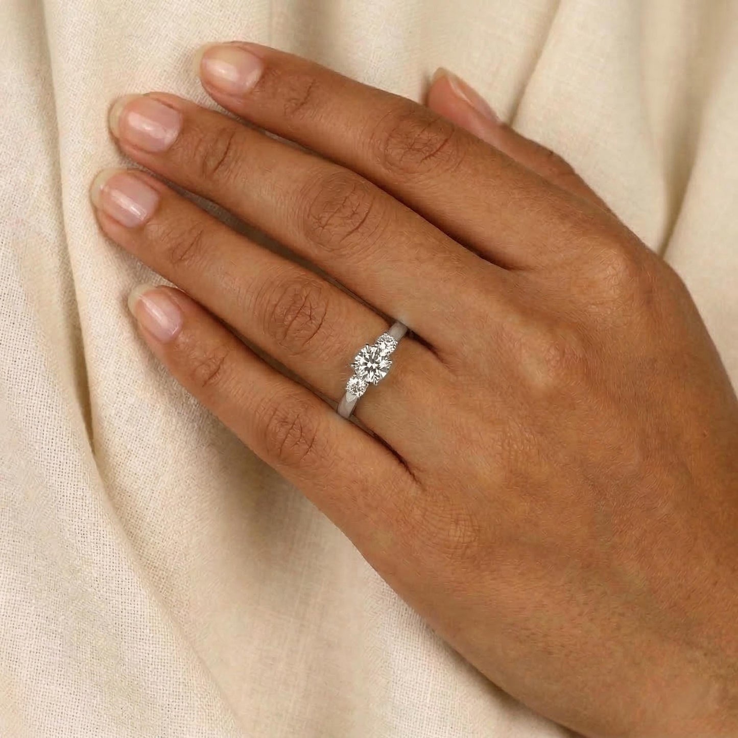 Round Lab Diamond Three Stone Trilogy Engagement Ring Round cut Moissanite engagement ring in Gold or Platinum — custom handcrafted by Forever For Love