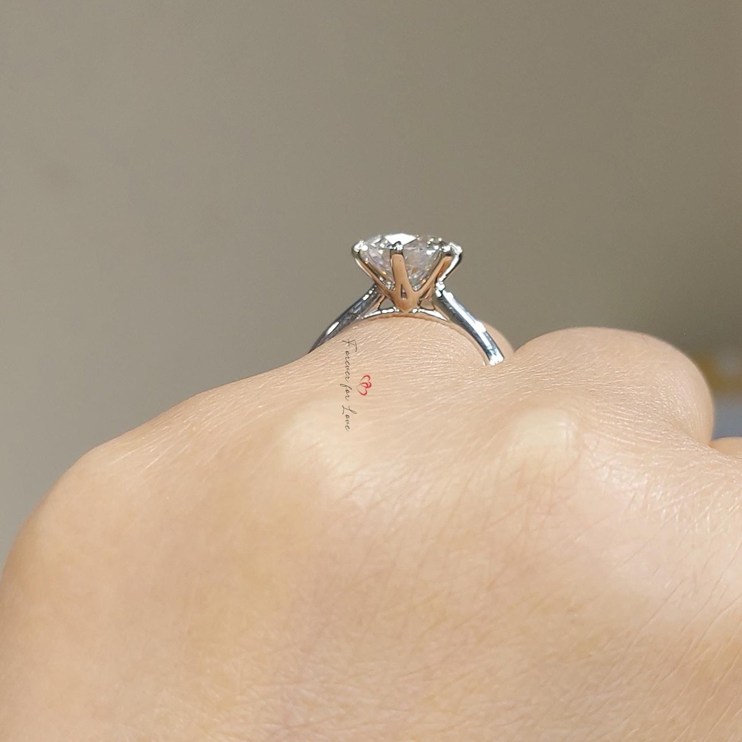 4 Ct Round Lab Diamond Solitaire Engagement Ring – E VVS2 Round cut 1Ct Moissanite Brilliant Cut engagement ring in 935 Argentium Silver — custom handcrafted by Forever For Love