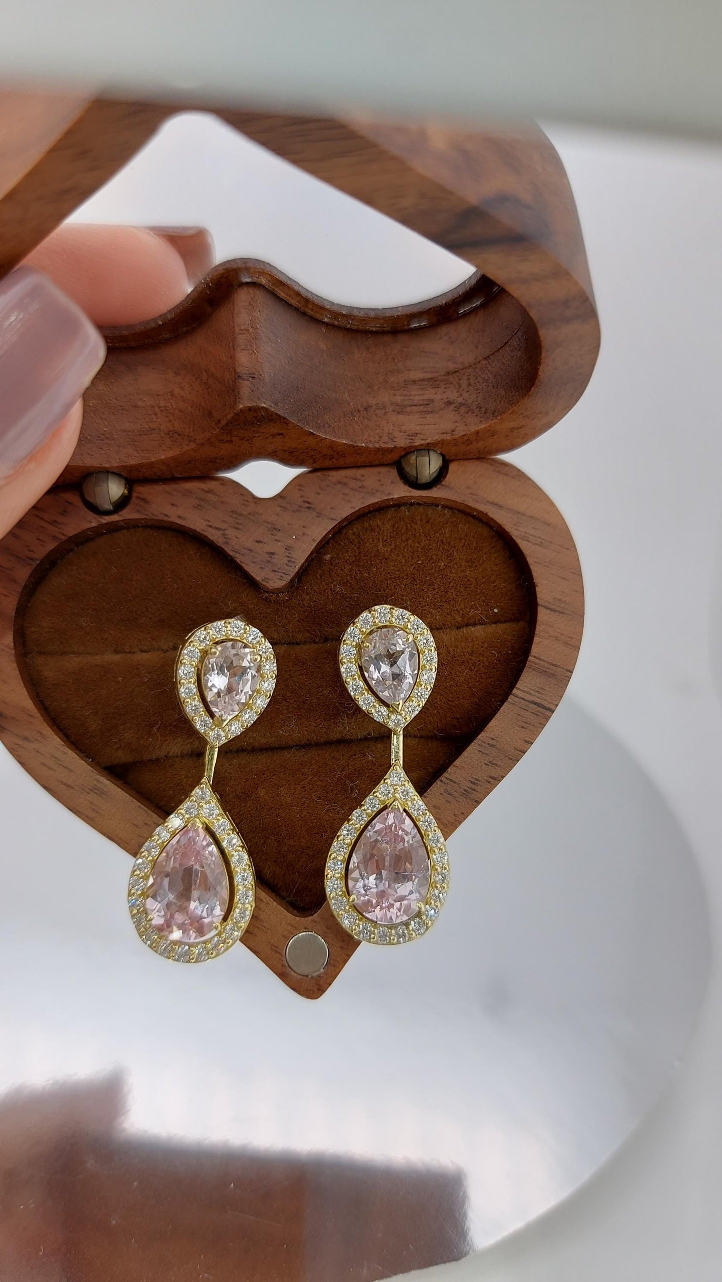 Dangling Pink Pear Sapphire Earrings, Pink Earrings, Pear Halo sapphire  Earrings, Statement Earrings, Gold Earrings ,Minimalist earrings. Moissanite engagement ring in Gold or Platinum — custom handcrafted by Forever For Love