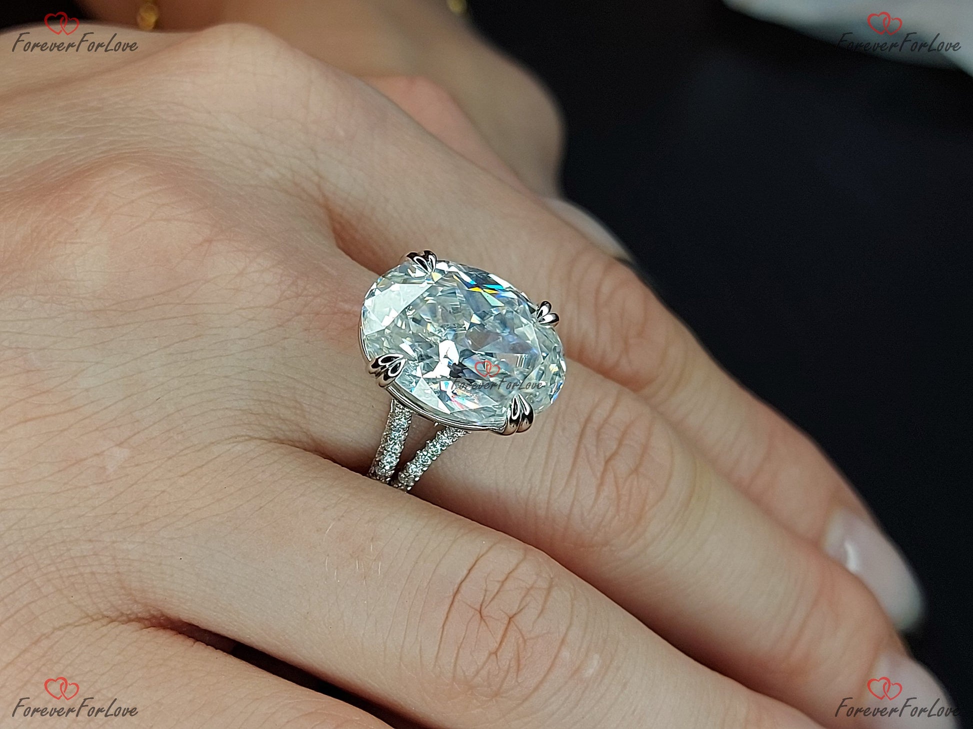20 Ct Oval Diamond, Moissanite Hidden Halo Engagement Ring