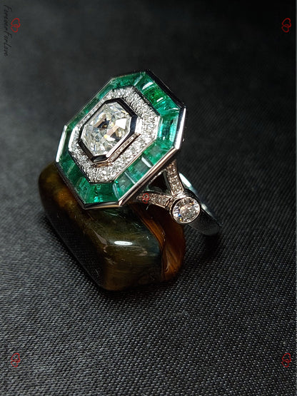 Asscher Moissanite, Emerald Halo Engagement Ring