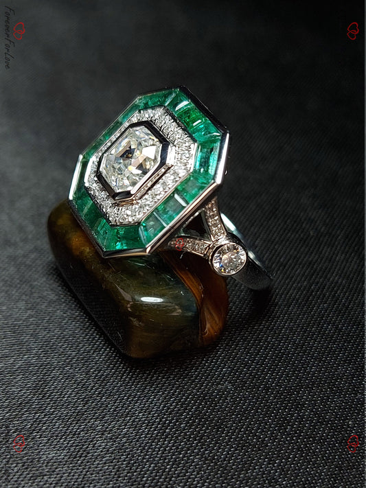Asscher Moissanite, Emerald Halo Engagement Ring