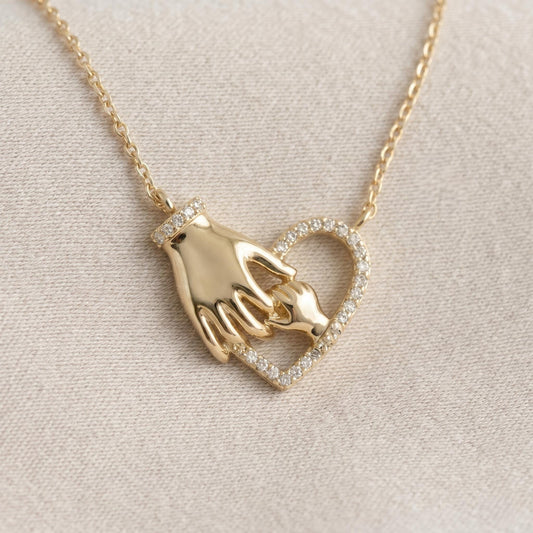 14k Dainty Mother & Child Hands Heart Pendant Necklace in Yellow Gold with Pave Diamond Accent, Solid gold, Perfect gift for Mom's