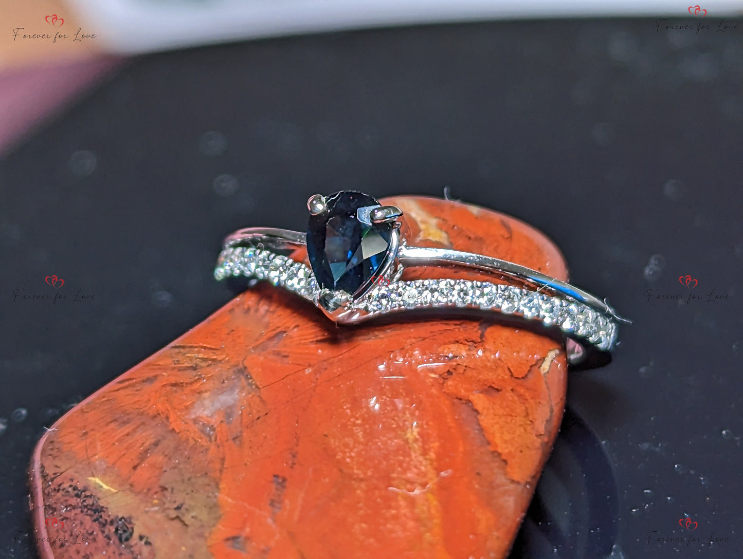 Pear Blue Diamond, Sapphire Engagement Ring Pear cut 1Ct Natural Sapphire engagement ring in 935 Argentium Silver — custom handcrafted by Forever For Love