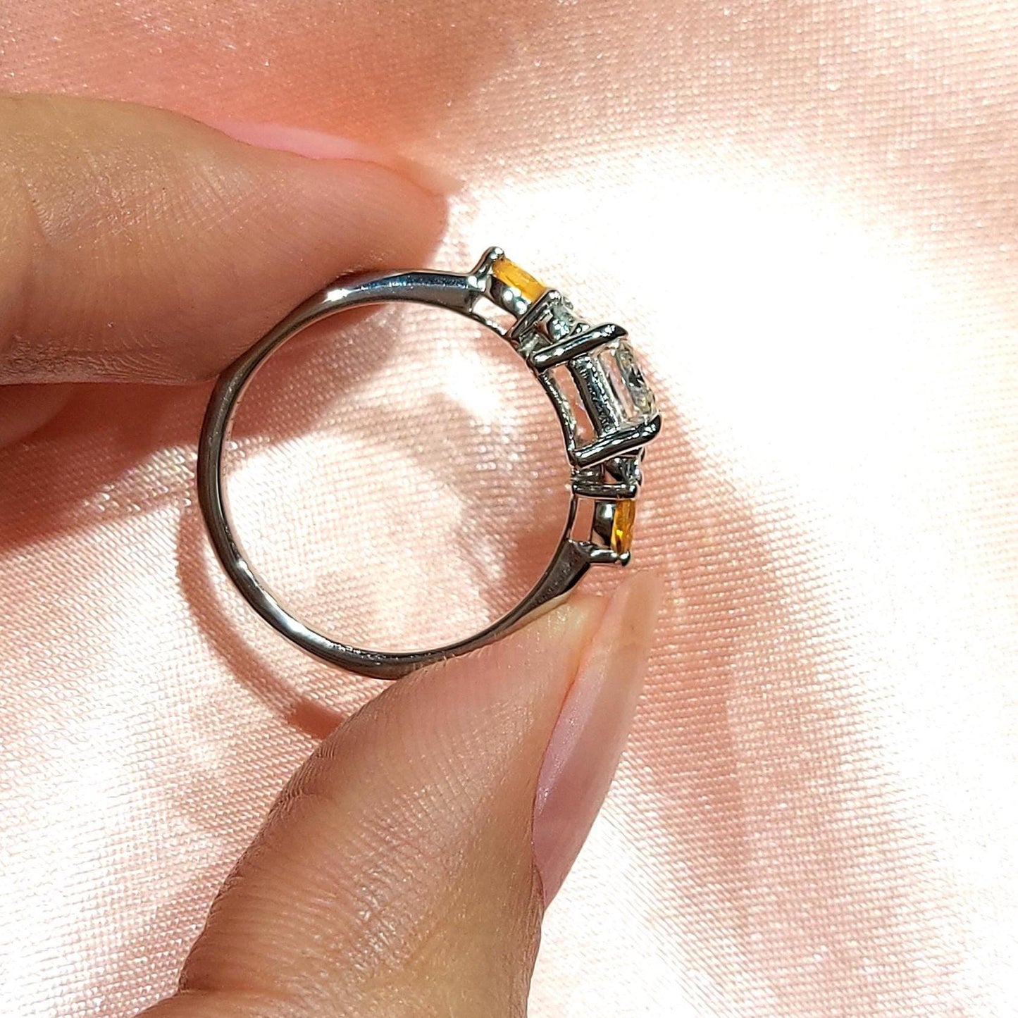 Emerald Diamond Three Stone Engagement Ring Emerald cut Moissanite engagement ring in Gold or Platinum — custom handcrafted by Forever For Love