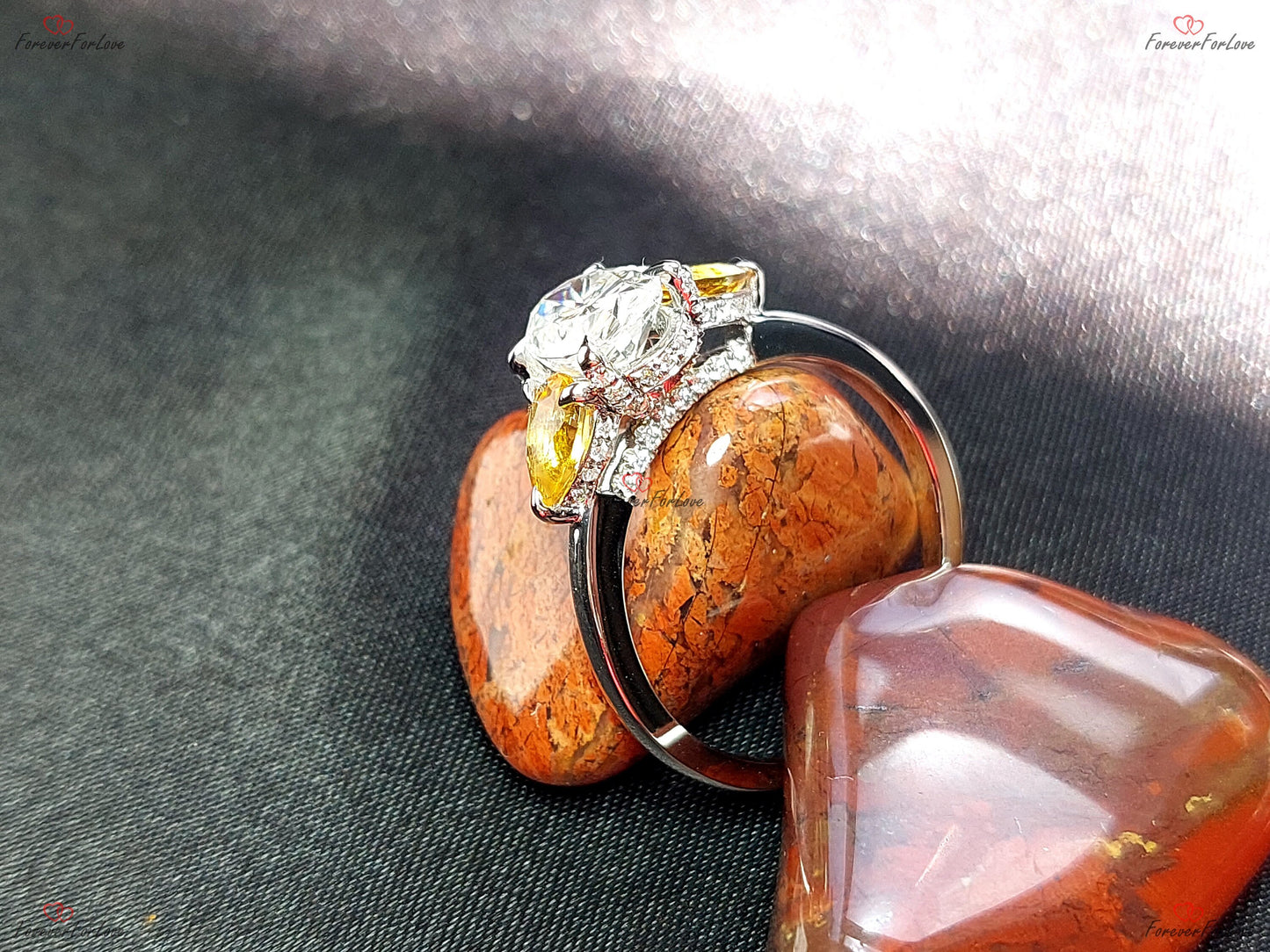 Oval Moissanite, Citrine Three Stone Engagement Ring Oval cut Moissanite engagement ring in Gold or Platinum — custom handcrafted by Forever For Love