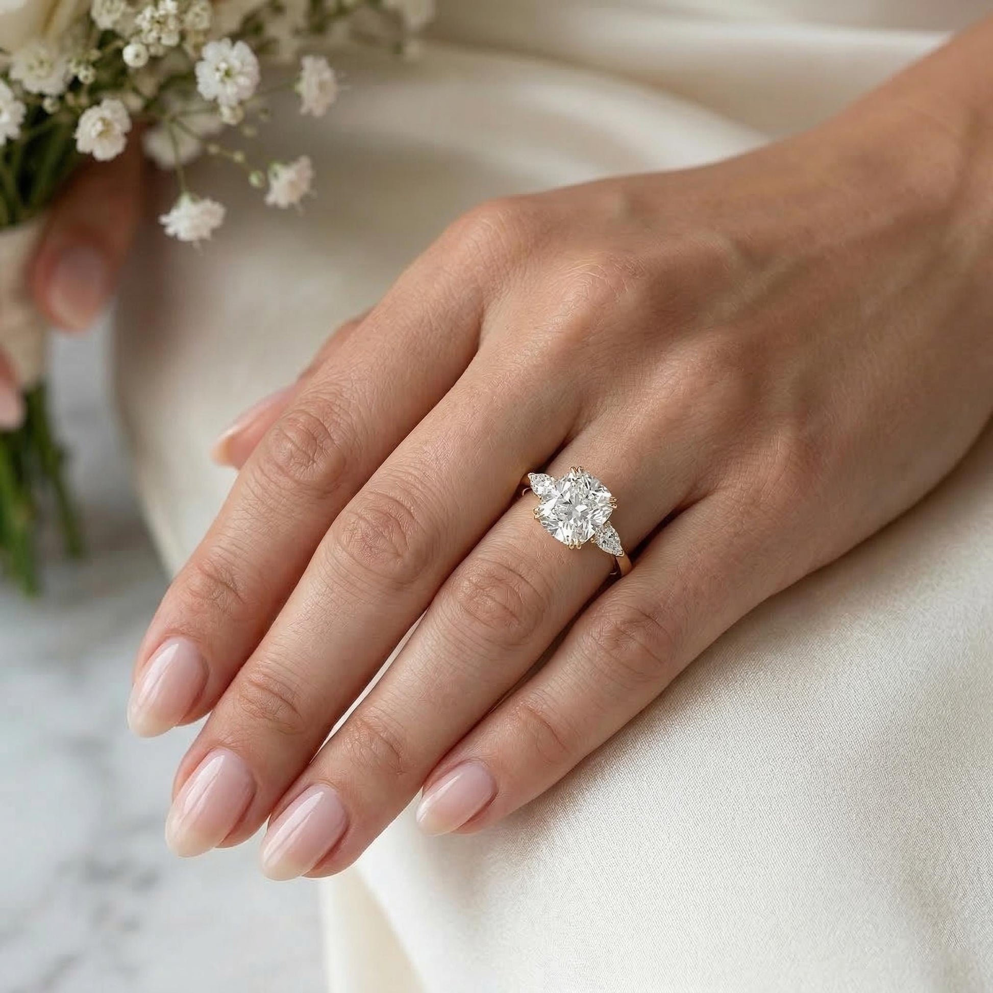 Cushion Lab Diamond Three Stone Engagement Ring