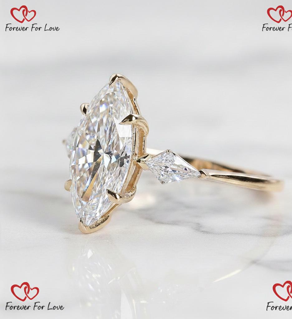 3 Ct Marquise Lab Diamond Three Stone Engagement Ring