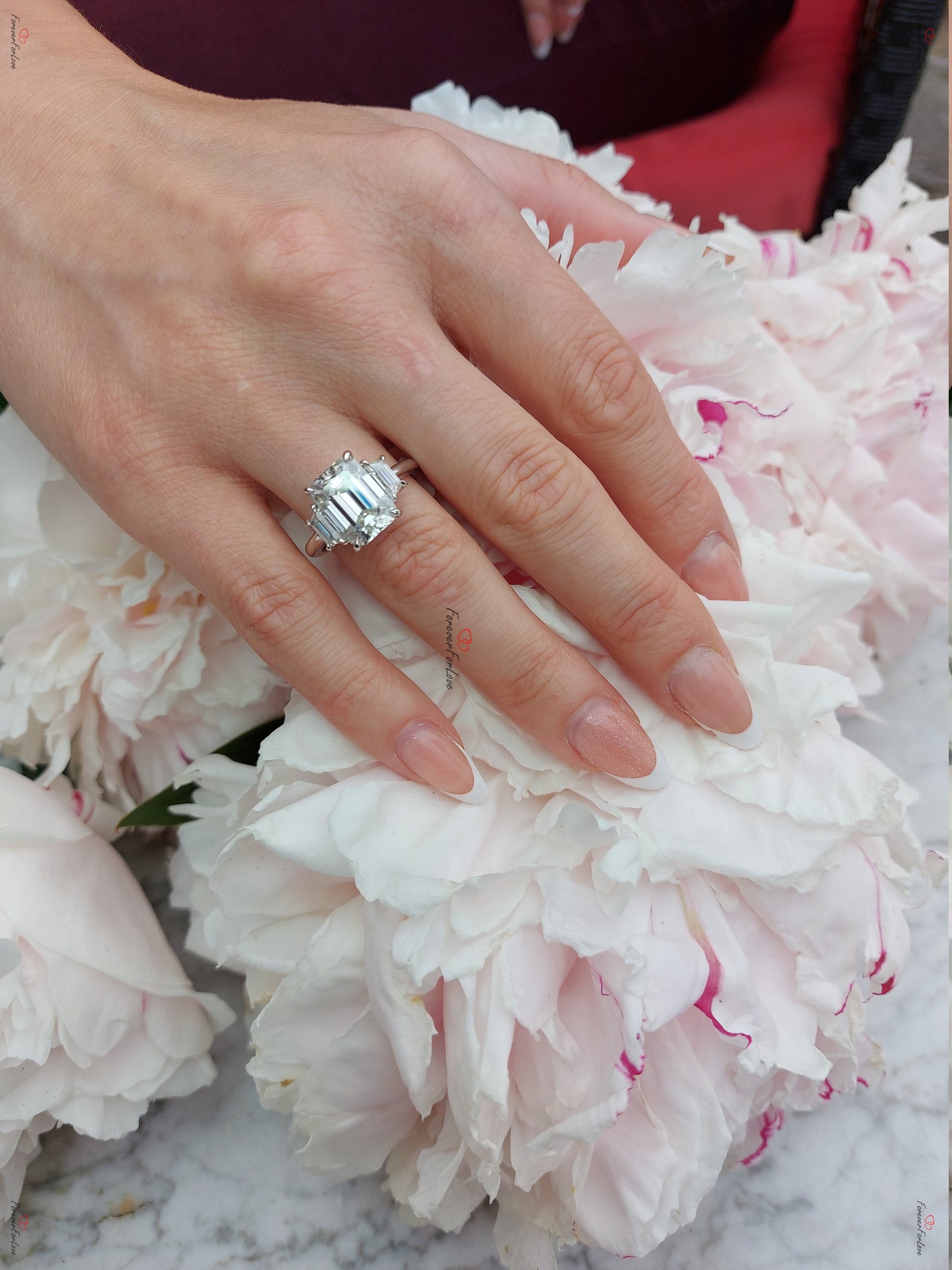 Emerald Moissanite Three Stone Engagement Ring