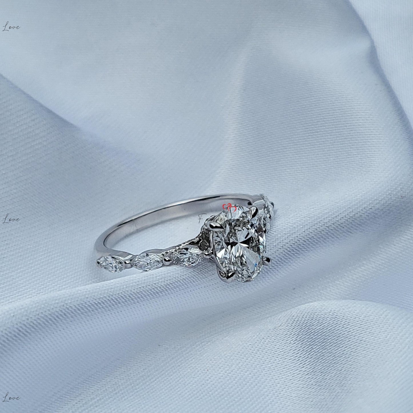 1 Ct IGI Certified Oval Diamond Solitaire with Marquise Accents Oval cut 1Ct Moissanite Brilliant Cut engagement ring in 935 Argentium Silver — custom handcrafted by Forever For Love