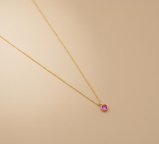 14k Gold Pink Gemstone Necklace, Bezel Necklace, Small Gemstone, Solid Gold Chain, Perfect Gift, Dainty Pendant Necklace