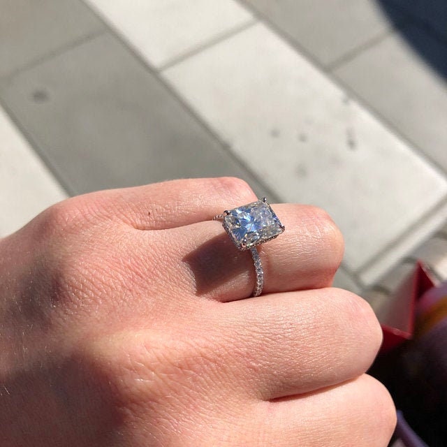 4 Ct Radiant Moissanite Pavé Band Engagement Ring Radiant cut 1Ct Moissanite Brilliant Cut engagement ring in 935 Argentium Silver — custom handcrafted by Forever For Love