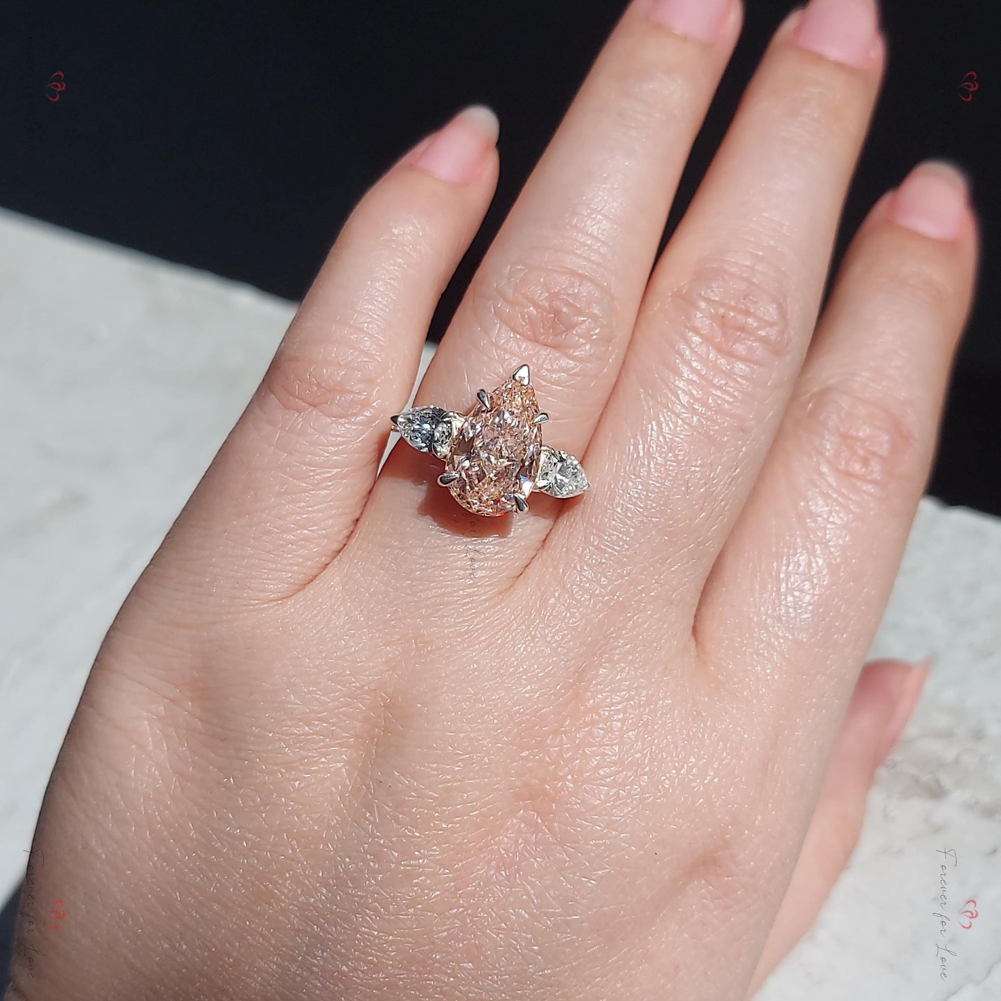 Pear Lab Diamond Three Stone Engagement Ring Pear cut 3 Carat Pink Pear engagement ring in Gold or Platinum — custom handcrafted by Forever For Love
