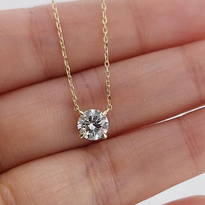 Halskette mit rundem Diamanten, 14 Karat Gelbgold, zierlicher minimalistischer Diamantanhänger, echte runde Diamant-Halskette für Damen, Brautjungfern-Halsketten-Geschenk.
