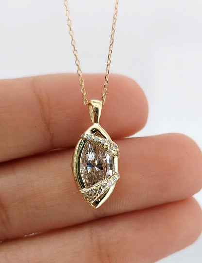 2.1 Karat IGI ZERTIFIZIERTER E, VVS2 Marquise-Schliff Laborgezüchteter Diamant-Anhänger mit Kette, Marquise Diamant-Halskette 14k Gelbgold-Kette