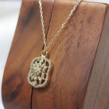 Diamond Flower Pendant Necklace, Vintage Style Halo Diamond Necklace, 14K Yellow Gold Floral Diamond Pendant, Gift for Her