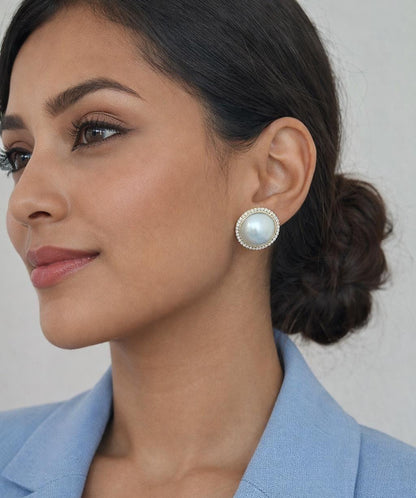 Unique Pearl Stud Earrings, Freshwater Pearl Earrings, Pearl with Diamond Earrings, Everyday Earrings, Bridal Jewelry, Gift for Her
