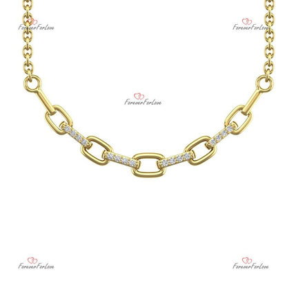 Halskette aus massivem 14k Gold mit Paperclip-Kette, zarte goldene Halskette, echte Diamant-Pavé-Halskette/Diamant-Ketten-Halskette als Jubiläumsgeschenk.