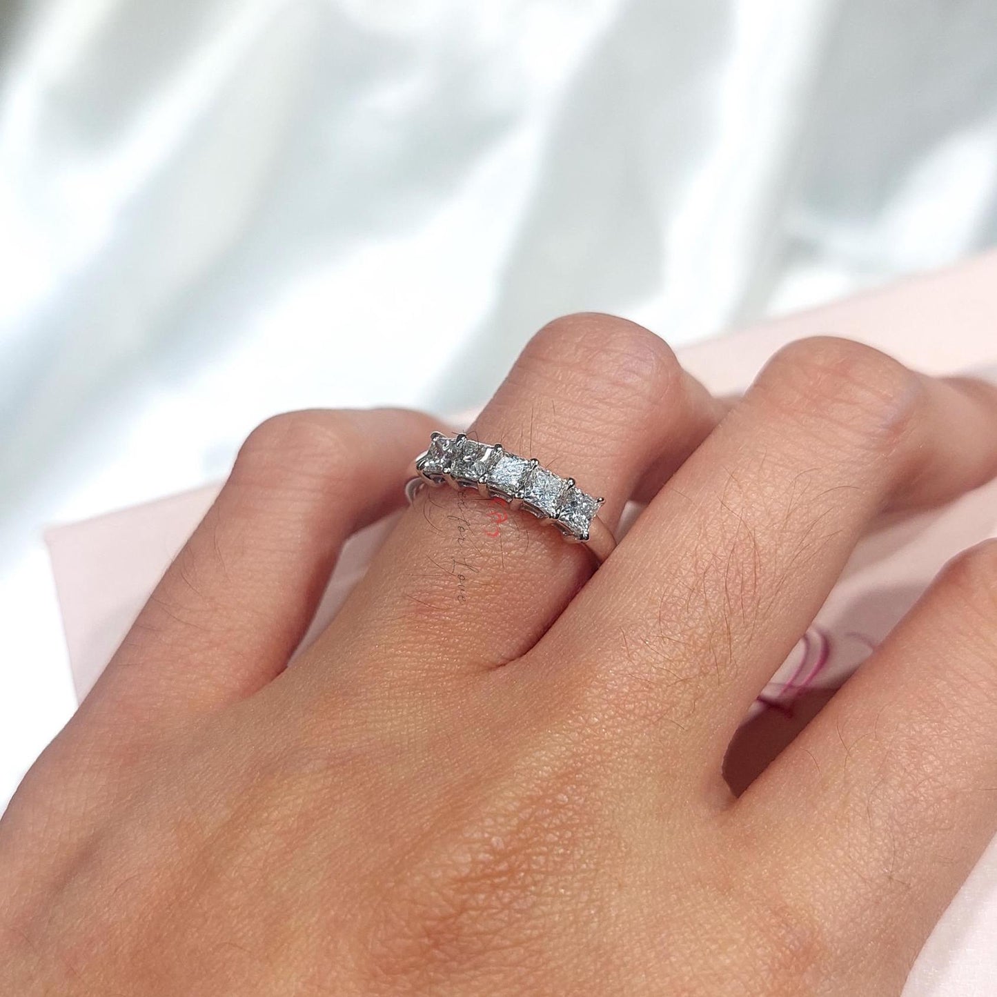 Demi-alliance princesse en diamants de synthèse Princess cut Moissanite taille brillant engagement ring in Gold or Platinum — custom handcrafted by Forever For Love