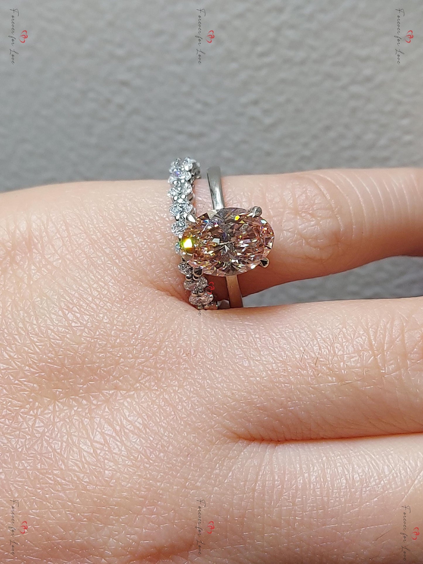 Parure de mariage 3 carats en diamant de laboratoire ovale rose Oval cut Moissanite taille brillant engagement ring in Gold or Platinum — custom handcrafted by Forever For Love