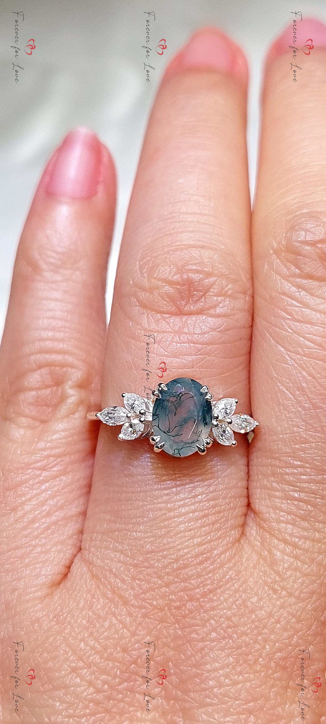 Natural Moss Agate Oval Engagement Ring White Gold Accented Vintage Promise Ring Marquise Diamond Promise Ring Anniversary Wedding Ring